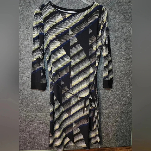 Liz Claiborne Dress Geometric Multicolor Pattern String Waist 3/4 Sleeve Size M - Picture 1 of 7